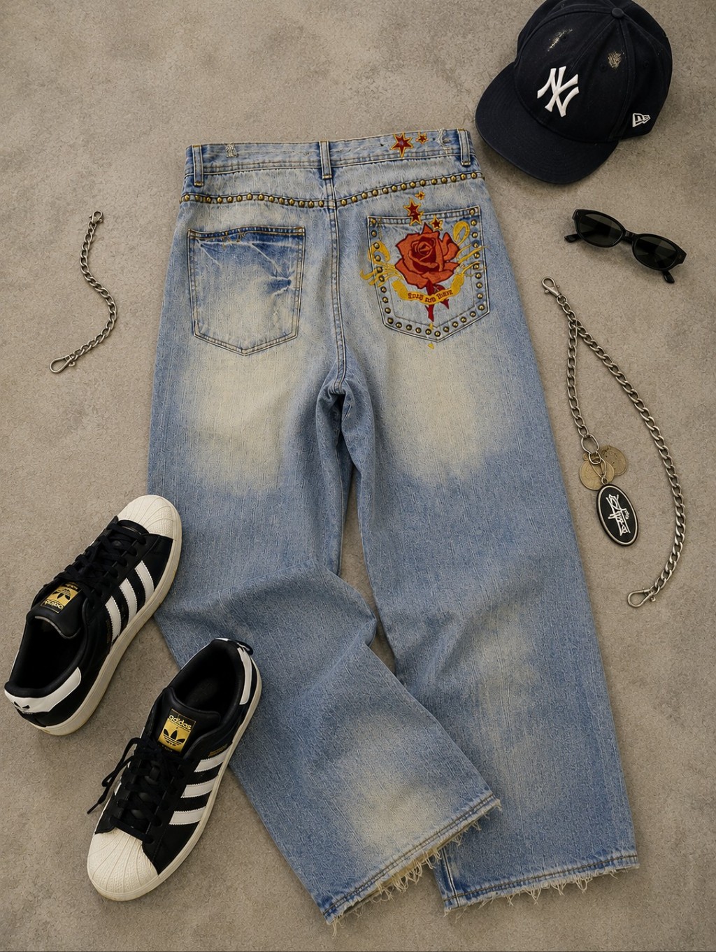 Vtg 90s Sean John Embroydered Rose Baggy Wideleg Grunge Streetwear Jeans Mens 40